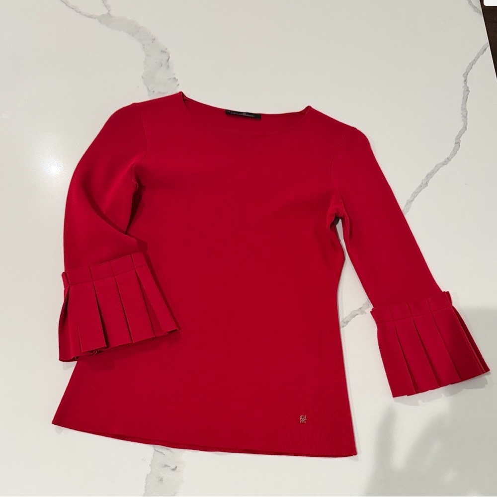 Carolina Herrera Cherry Red Pleated-Cuff Long Sleeve Top - Picture 3 of 8
